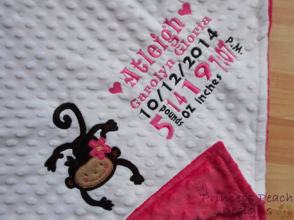 Personalized Minky Blanket, monkey birth stats embroidered, other colors available.