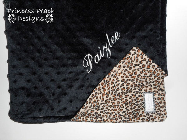 Personalized Minky Blanket with a name, minky dot, cheetah flannel