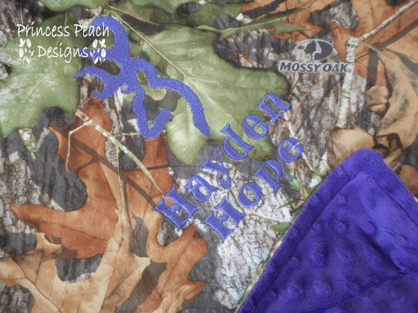 Personalized minky blanket, browning logo and a name, mossy oak and purple, you choose the colors.