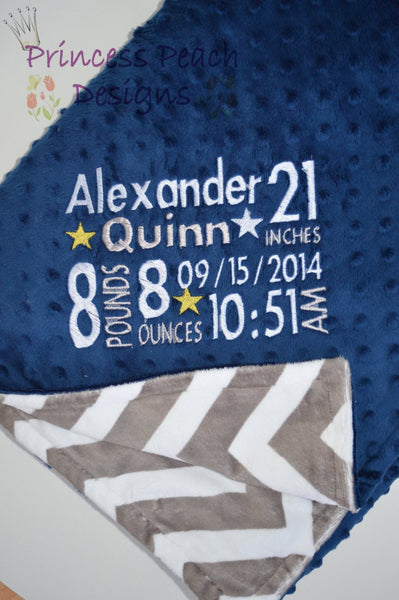 Personalized Minky Blanket, birth stats, you choose the colors.