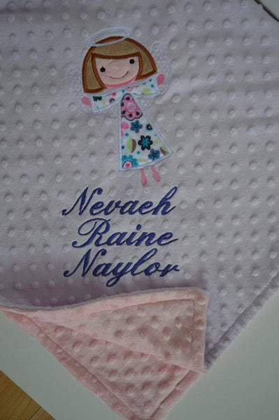 Personalized Minky Blanket, angel with and name embroidered, other colors available.