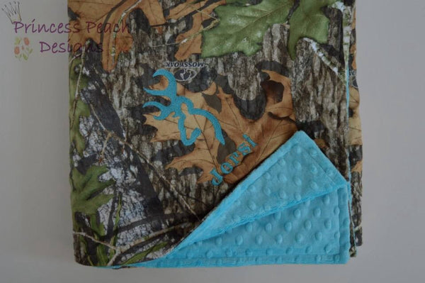 Personalized minky blanket, browning logo and a name, mossy oak and turquoise, you choose the colors.