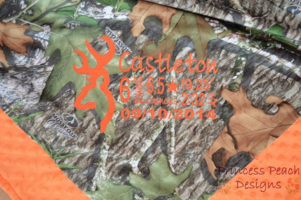 Custom minky birthstat blanket, custom browning blanket, mossy oak and orange, minky blanket