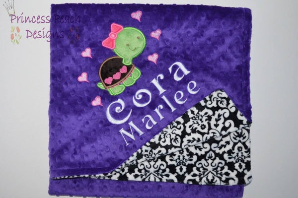 Personalized Minky Blanket, turtle appliqué with and name embroidered, other colors available.