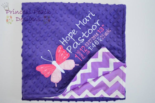 Personalized Minky Blanket, butterfly birth stats embroidered, other colors available.
