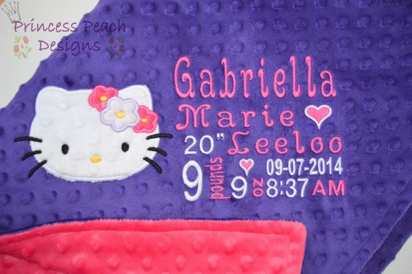 Personalized Minky Blanket, hello kitty appliqué and birth stats embroidered, other colors available.