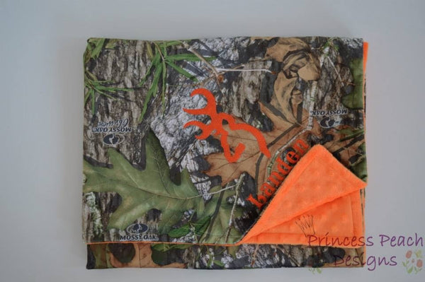 Personalized minky blanket, browning logo and a name, mossy oak and orange, you choose the colors.