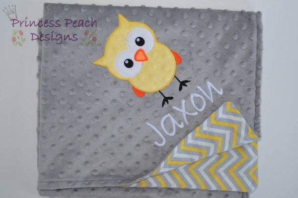 Personalized Minky Blanket, owl with birth stats and name, grey minky / cotton chevron