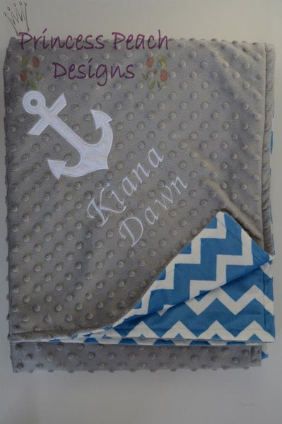 Personalized Minky Blanket, sailor hook with and name embroidered, other colors available.