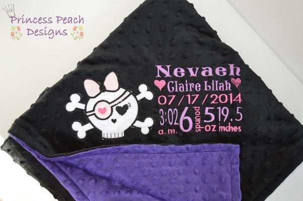 Personalized Minky Blanket, skull  appliqué and birth stats embroidered, other colors available.