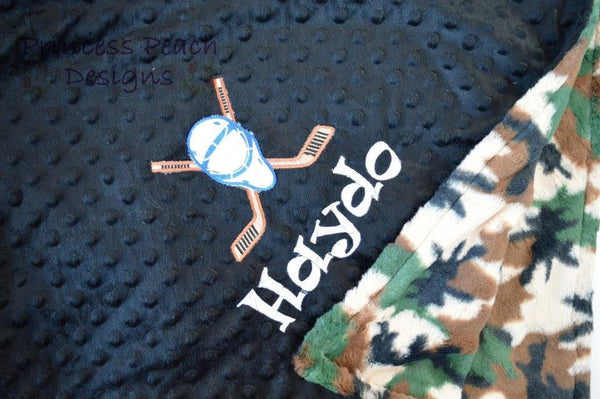 Personalized Minky Blanket, hockey mask and sticks with and name embroideredother colors available. .