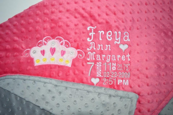 Personalized Minky Blanket, princess crown appliqué and birth stats embroidered, other colors available