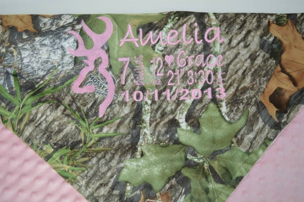 Personalized Minky Blanket, browning logo appliqué and birth stats embroidered, other colors available