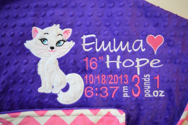 Personalized Minky Blanket, cat appliqué and birth stats embroidered, other colors available
