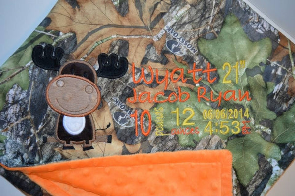 Personalized Minky Blanket, moose appliqué and birth stats embroidered, mossy oak minky print. other colors available