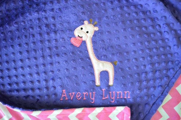 Personalized Minky Blanket, giraffe appliqué with and name embroidered, other colors available.
