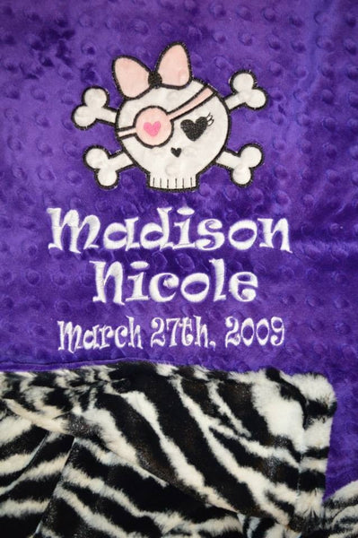 Personalized Minky Blanket, skull appliqué with and name embroidered, other colors available.