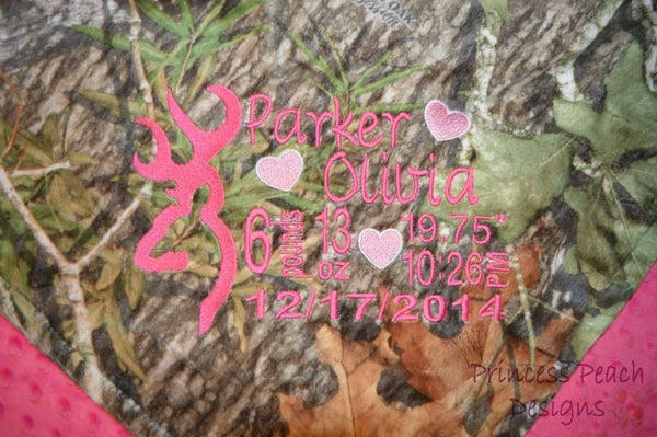 Custom minky birthstat blanket, custom browning blanket, mossy oak and fushia  minky blanket