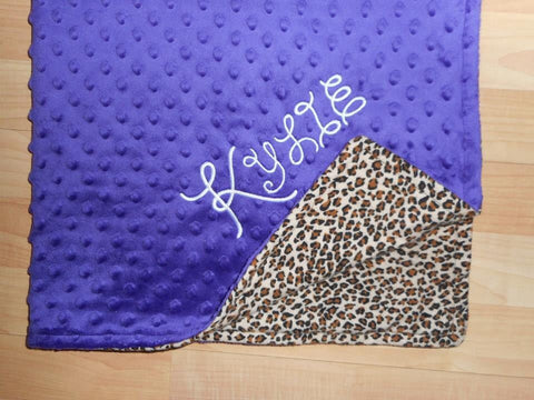 Personalized Minky Blanket, purple minky dot, cheetah flannel