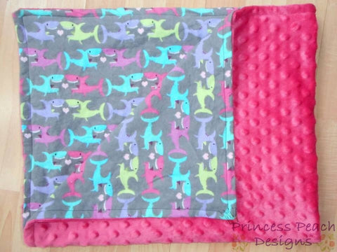 Personalized Minky Blanket with a name,, hot pink minky dot, grey shark flannel
