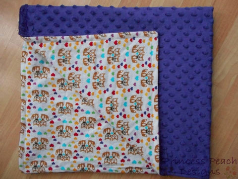 Personalized Minky Blanket with a name, purple minky dot, foxy whit flannel