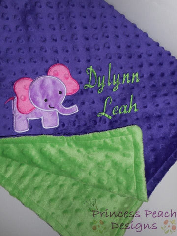 Personalized Minky Blanket, elephant with and name embroidered, other colors available.