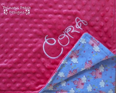 Personalized Minky Blanket, hit pink minky dot, princess castle flannel