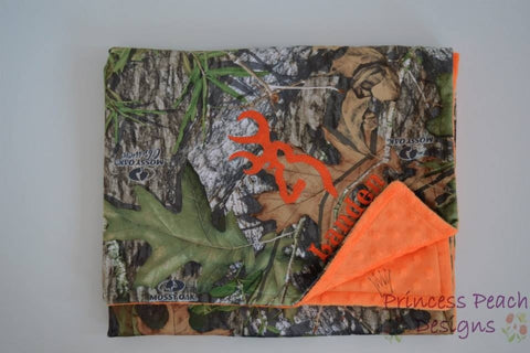 Personalized minky blanket, browning logo and a name, mossy oak and orange, you choose the colors.