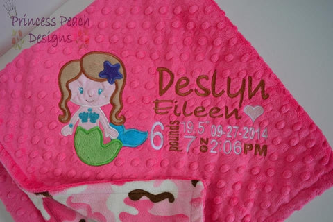 Personalized Minky Blanket, mermaid appliqué and birth stats embroidered, other colors available.