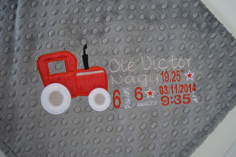 Personalized Minky Blanket, tractor appliqué and birth stats embroidered, other colors available.