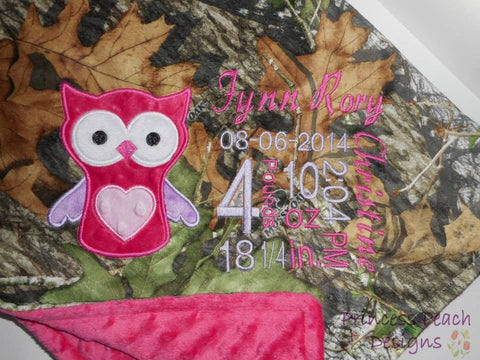 Personalized Minky Blanket, owl appliqué and birth stats embroidered, other colors availab