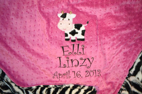 Personalized Minky Blanket, cow appliqué with and name embroidered, other colors available.