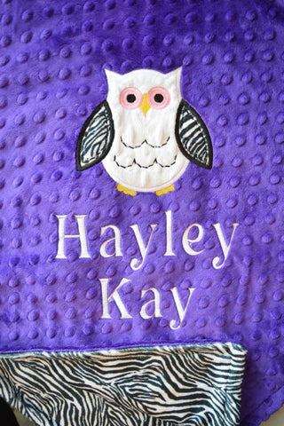 Personalized Minky Blanket, owl appliqué with and name embroidered, other colors available.