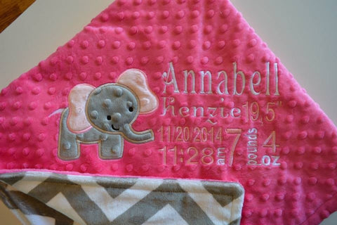 Personalized Minky Blanket, elephant appliqué and birth stats embroidered, other colors available