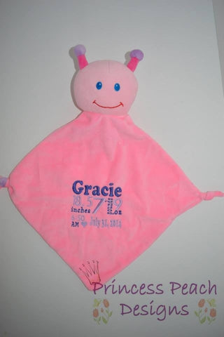 Personalized security blanket birth stats or name, lady bug, cubbies