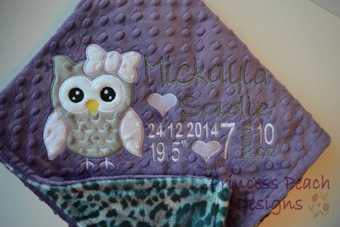 Personalized Minky Blanket, owl appliqué and birth stats embroidered, other colors available.